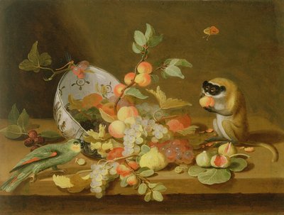 Grapes and Peaches Spilling from an Overturned Delft Bowl by Jan van Kessel the Elder